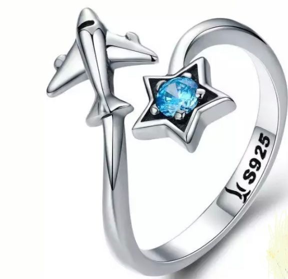 Airplane and blue star silver adjustable ring