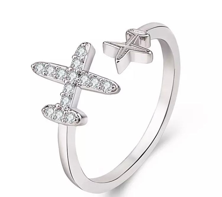 Airplane with rhinestones silver tiny plane adjustable ring