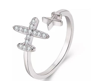 Airplane with rhinestones silver tiny plane adjustable ring